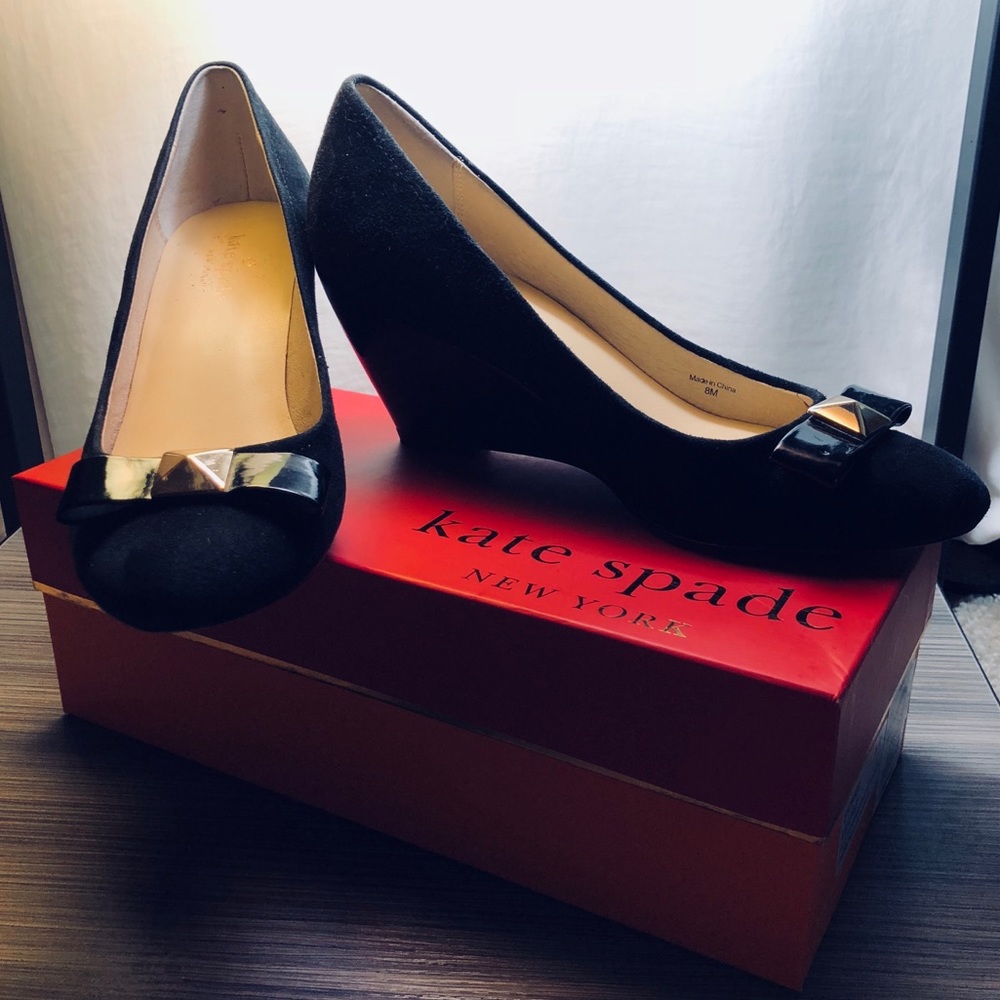 Kate Spade Black Suede Bow Wedges 8